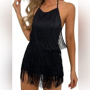 Black Fringe Backless Halter Romper
